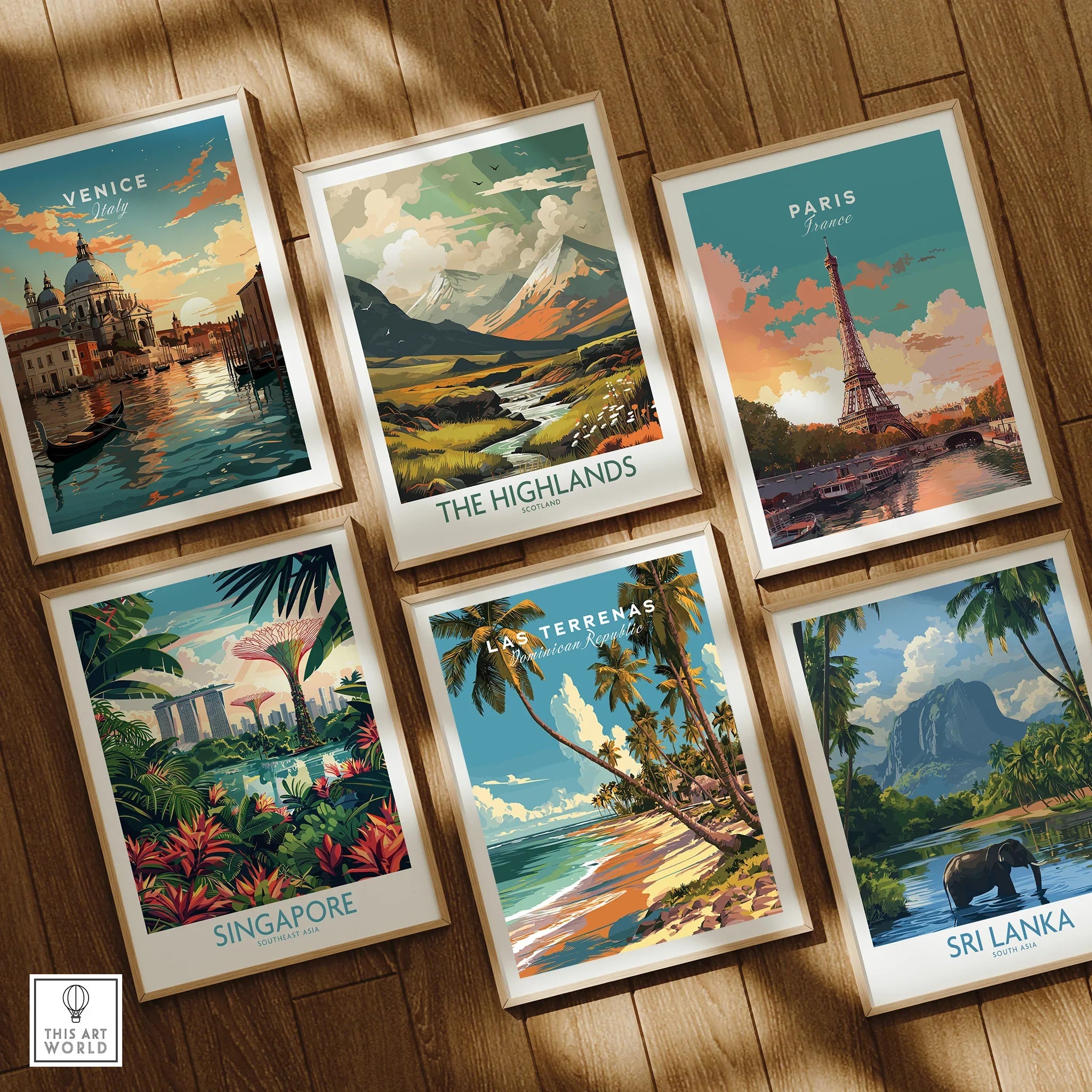 Framed travel posters of Venice, Paris, Scotland Highlands, Singapore, Las Terrenas, Sri Lanka for wall art decor