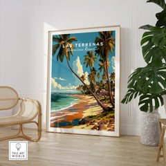 Las Terrenas Dominican Republic travel poster with palm trees, beach, and ocean, framed wall art for home decor