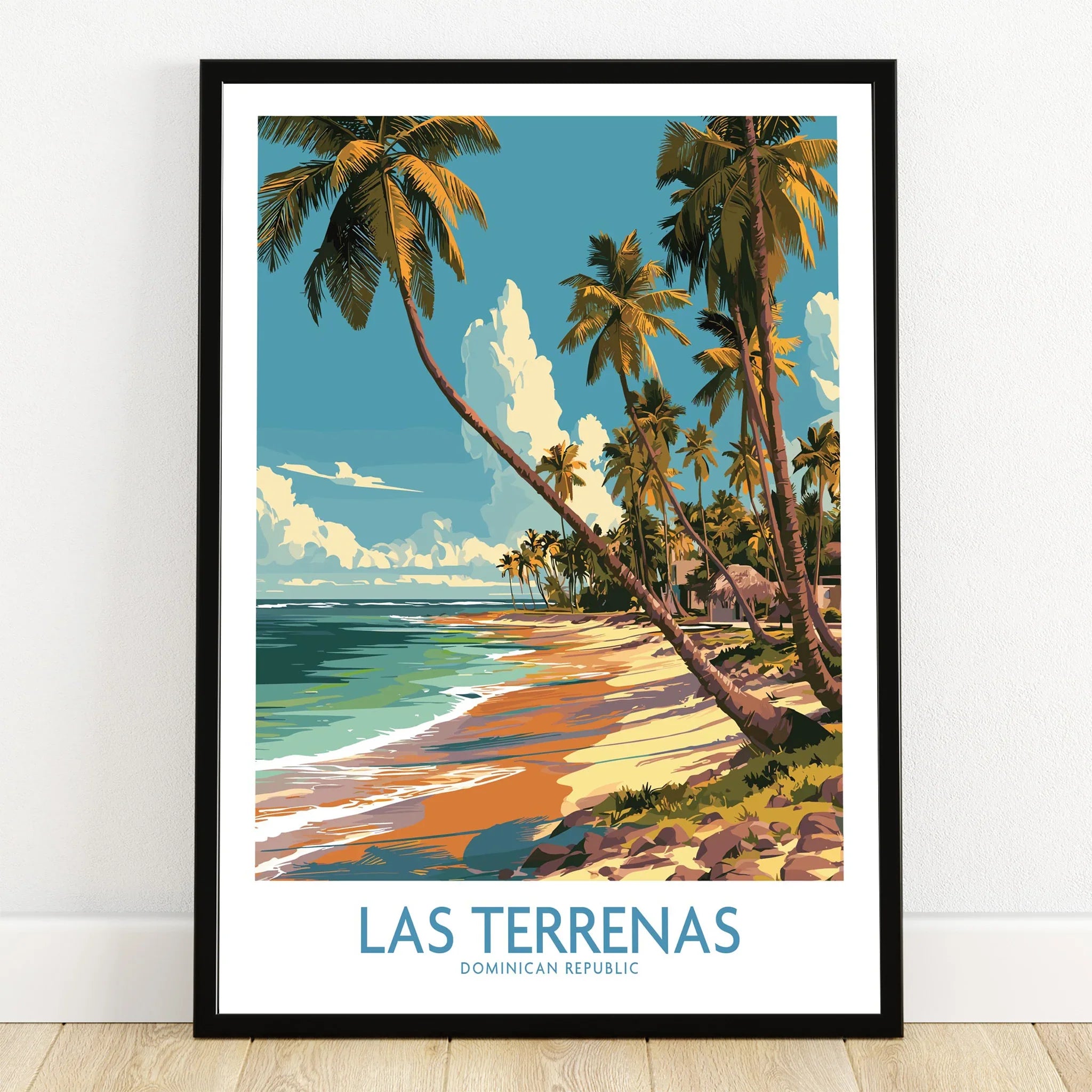 Las Terrenas beach travel poster with palm trees, turquoise ocean, and tropical skyline for wall art decor
