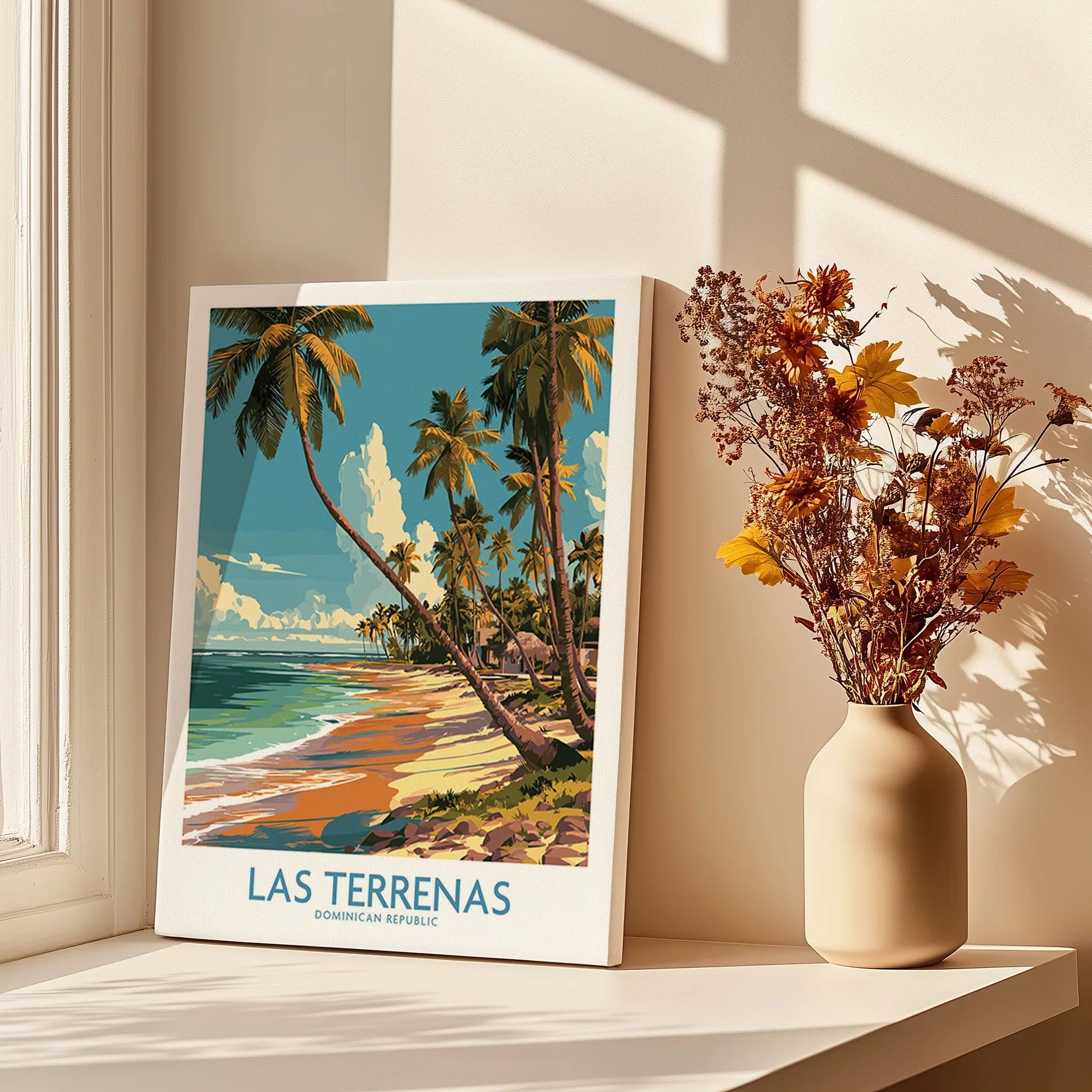 Las Terrenas beach travel poster with palm trees, ocean view, and tropical sunset, perfect for home wall art decor