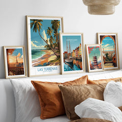 Framed travel posters of Paris, Las Terrenas, Copenhagen, Tokyo, and Barcelona for home wall art decor