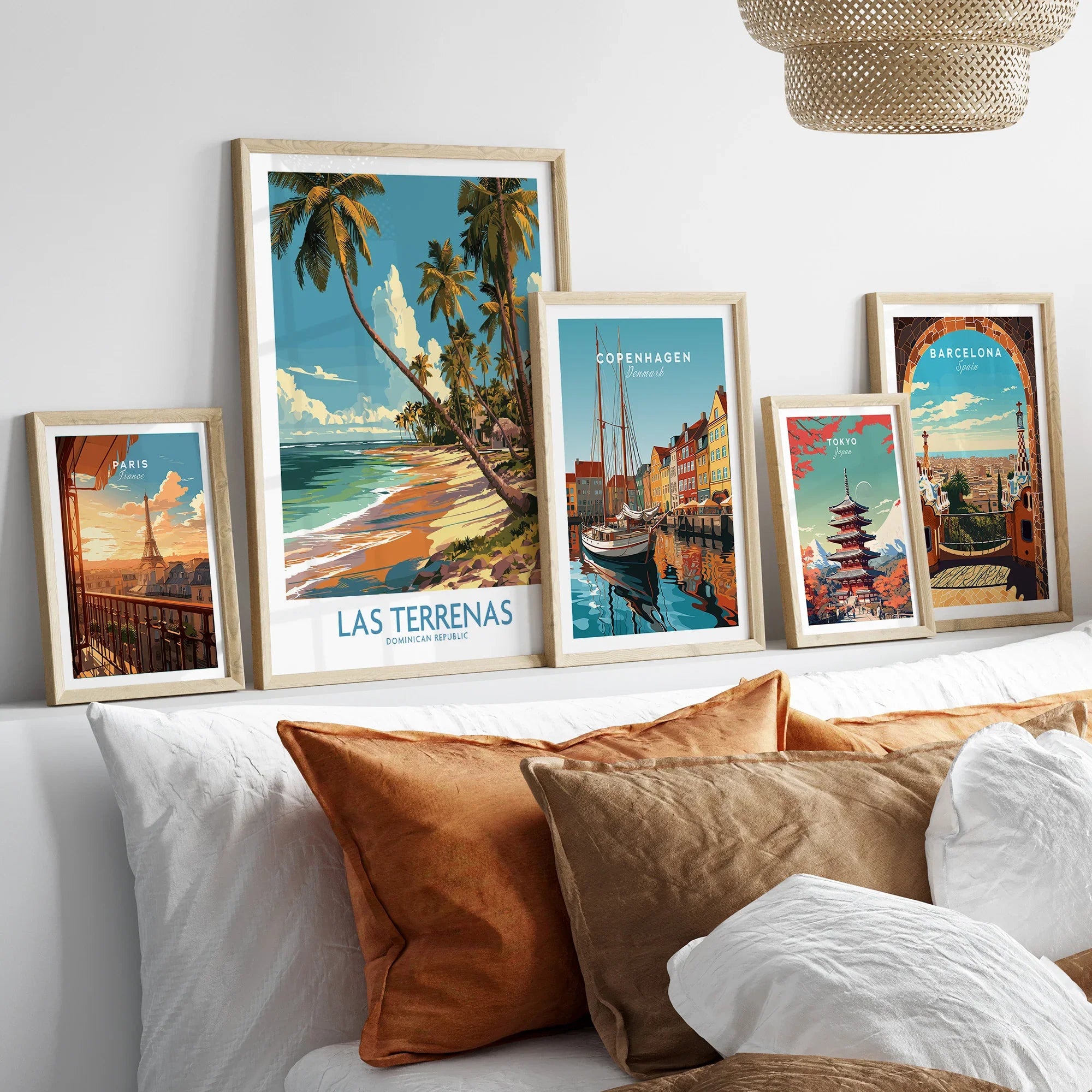 Framed travel posters of Paris, Las Terrenas, Copenhagen, Tokyo, and Barcelona for home wall art decor