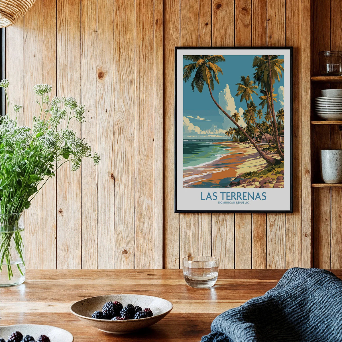 Las Terrenas beach travel poster with palm trees, ideal for tropical wall art and home decor.