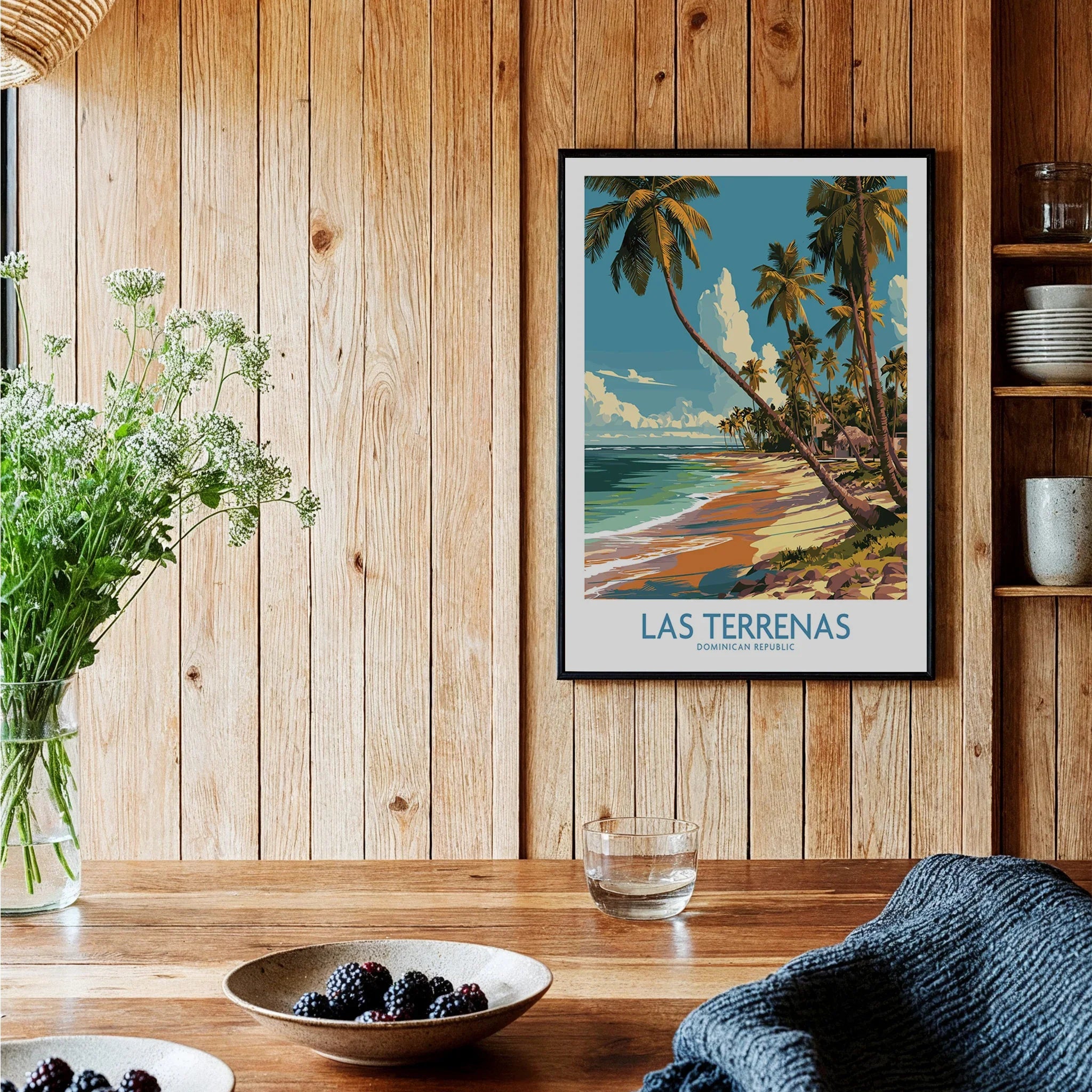 Las Terrenas beach travel poster with palm trees, ideal for tropical wall art and home decor.