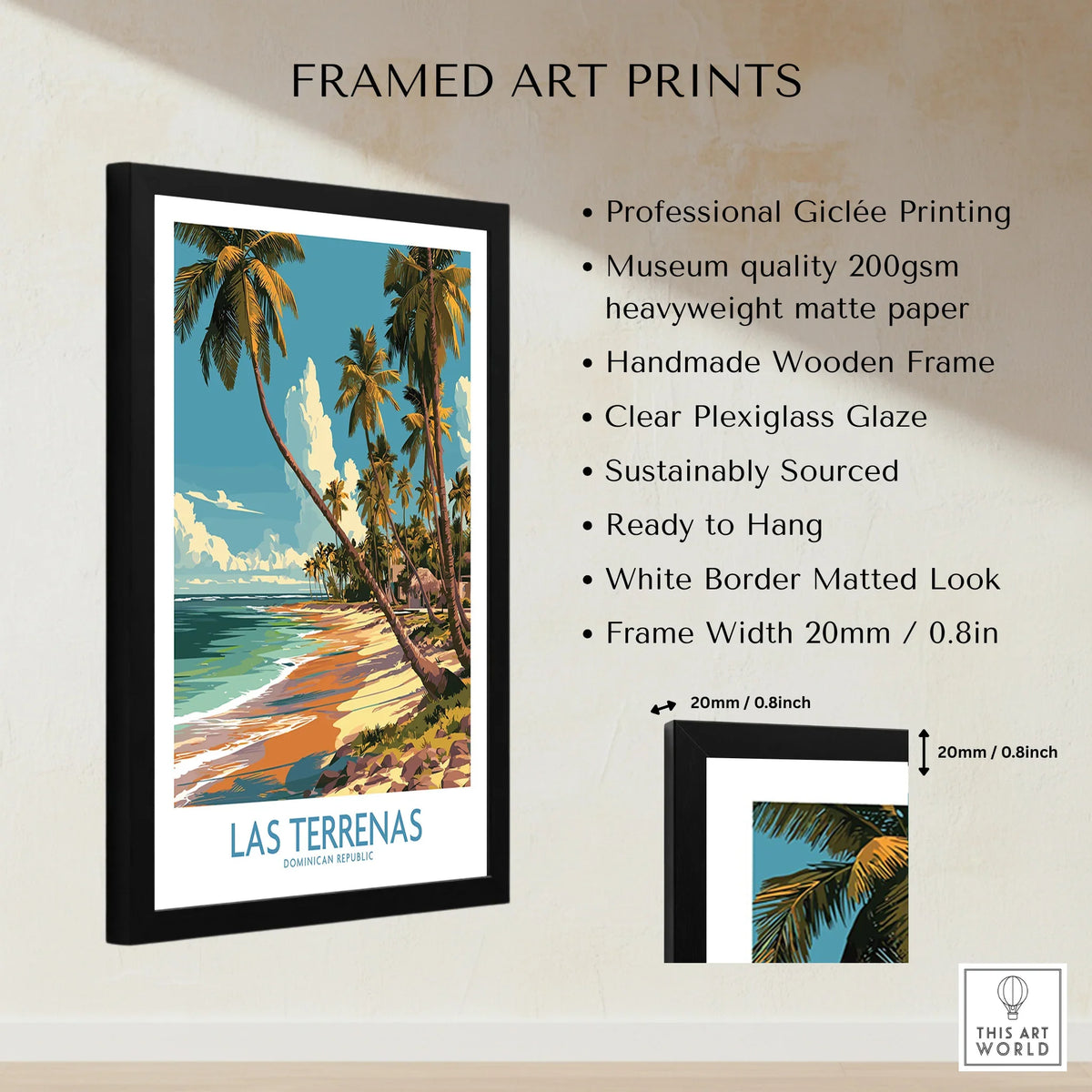 Framed Las Terrenas travel poster with palm trees, beach, and ocean, perfect for tropical wall art decor.