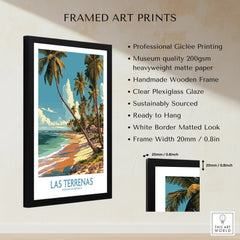 Framed Las Terrenas travel poster with palm trees, beach, and ocean, perfect for tropical wall art decor.