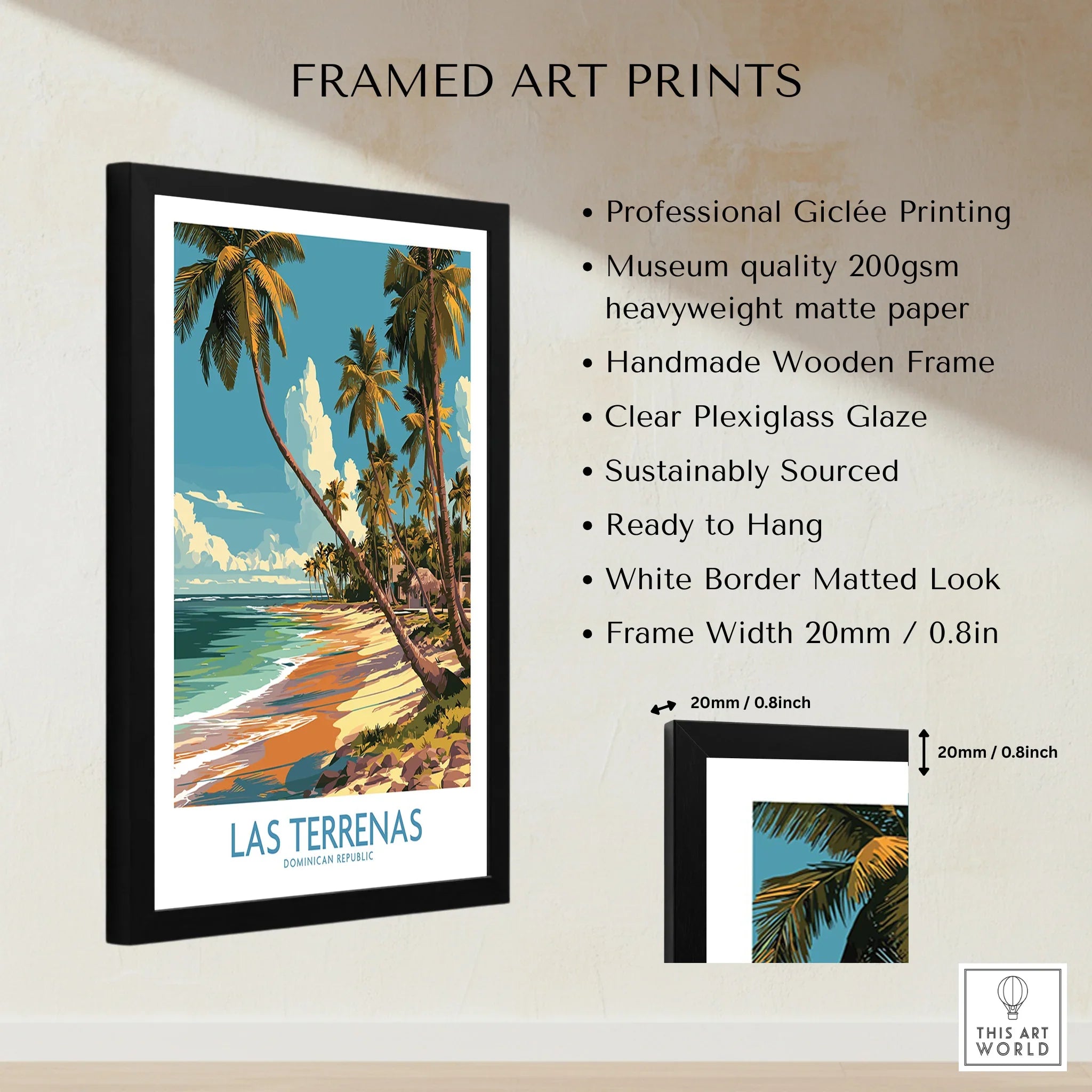 Framed Las Terrenas travel poster with palm trees, beach, and ocean, perfect for tropical wall art decor.