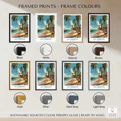 Las Terrenas travel poster in 8 frame colors: black, white, natural, brown, gold, silver, dark grey, light grey