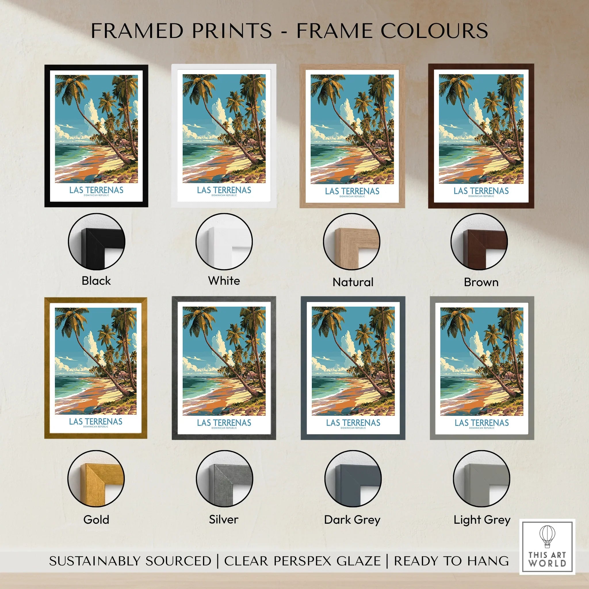 Las Terrenas travel poster in 8 frame colors: black, white, natural, brown, gold, silver, dark grey, light grey