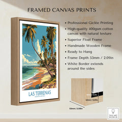 Framed canvas print of Las Terrenas beach, Dominican Republic, with palm trees and ocean, ideal for travel poster wall art.