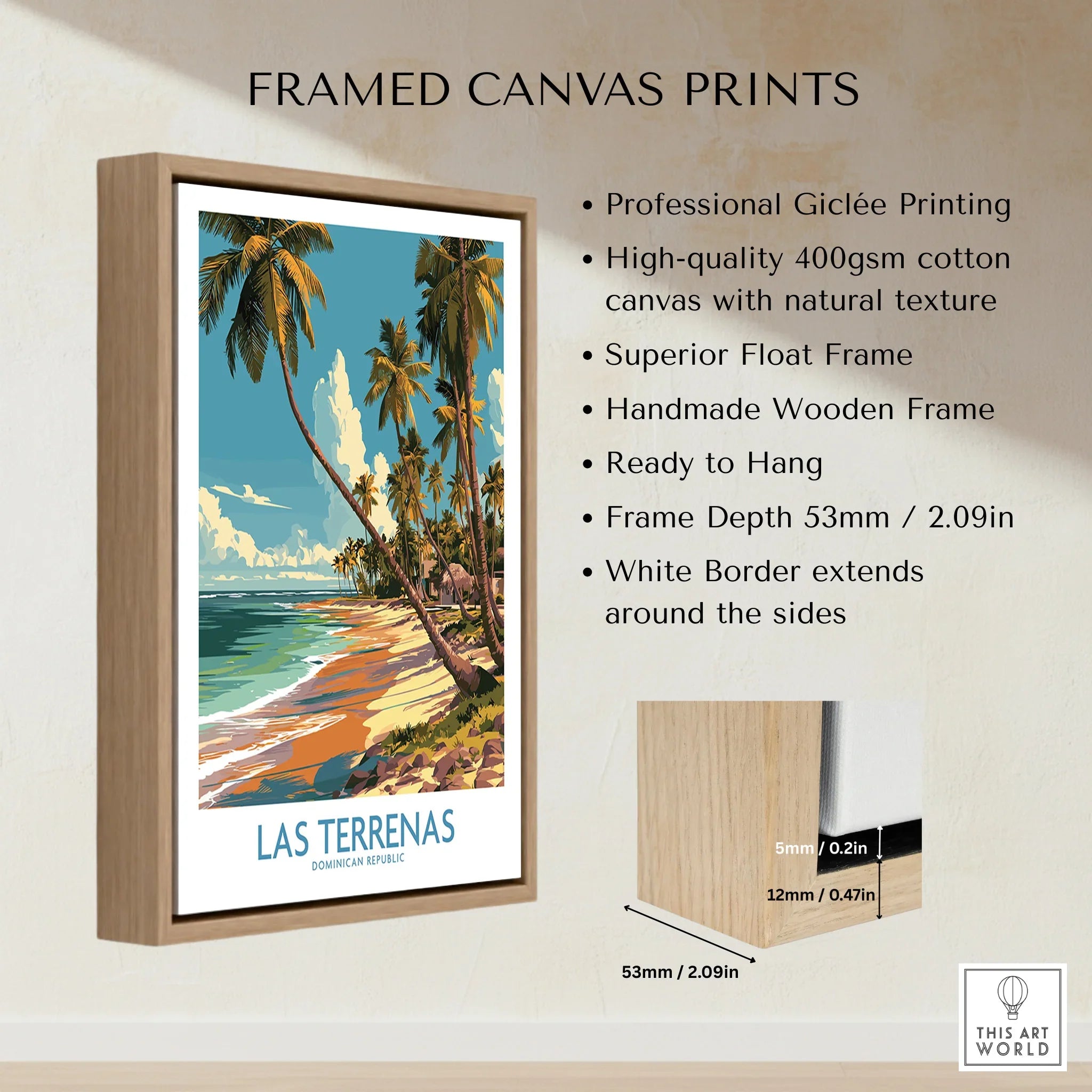 Framed canvas print of Las Terrenas beach, Dominican Republic, with palm trees and ocean, ideal for travel poster wall art.