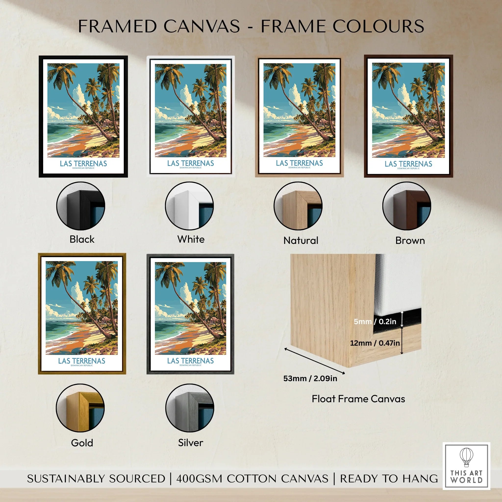 Las Terrenas travel poster in black, white, natural, brown, gold, and silver frames for wall art decor
