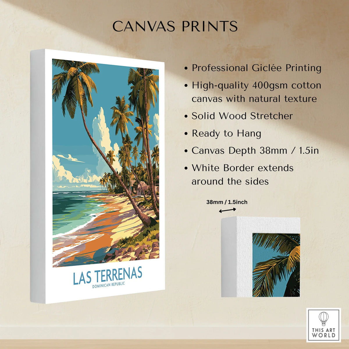 Las Terrenas beach travel poster canvas print, tropical palm trees, ocean view, ready to hang wall art