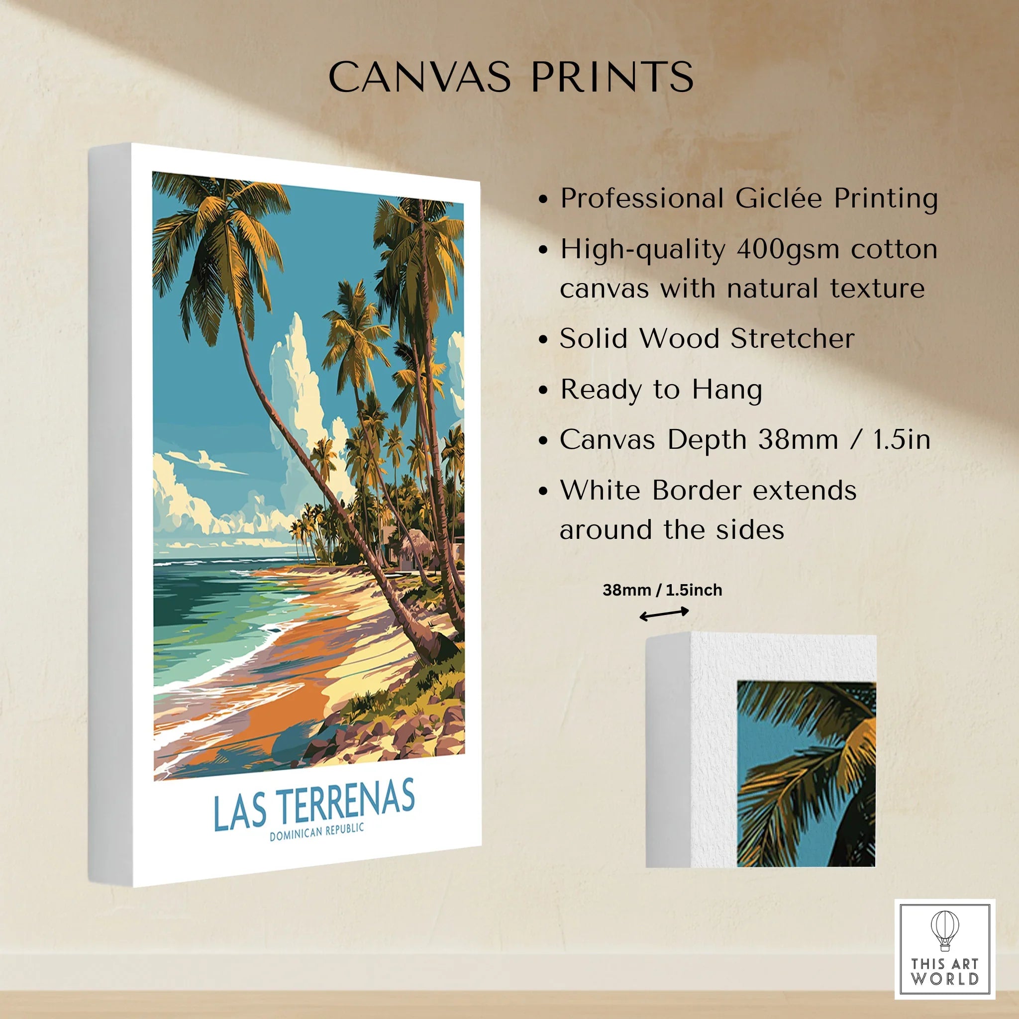 Las Terrenas beach travel poster canvas print, tropical palm trees, ocean view, ready to hang wall art