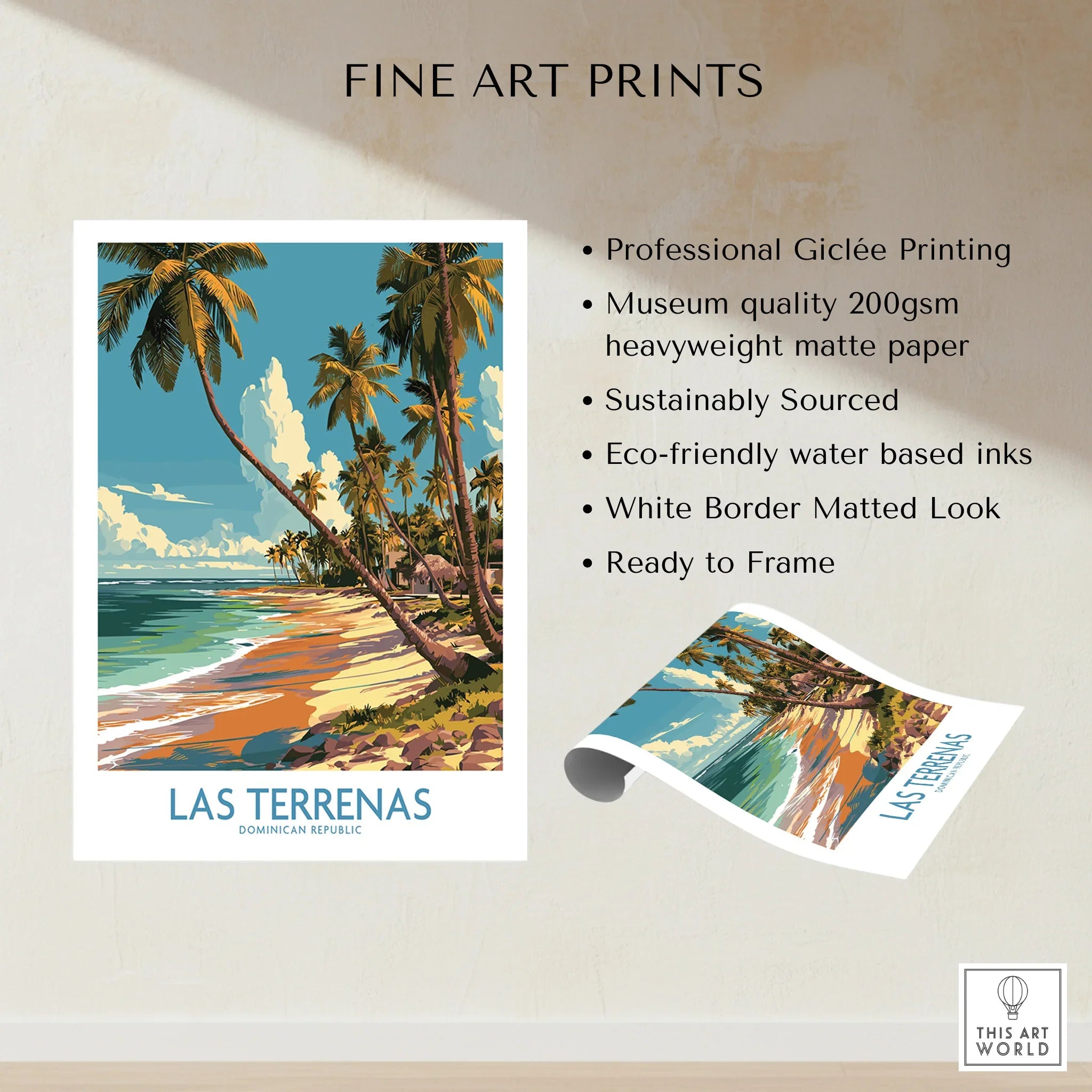 Las Terrenas Dominican Republic travel poster with palm trees, beach, and ocean, fine art print ready to frame
