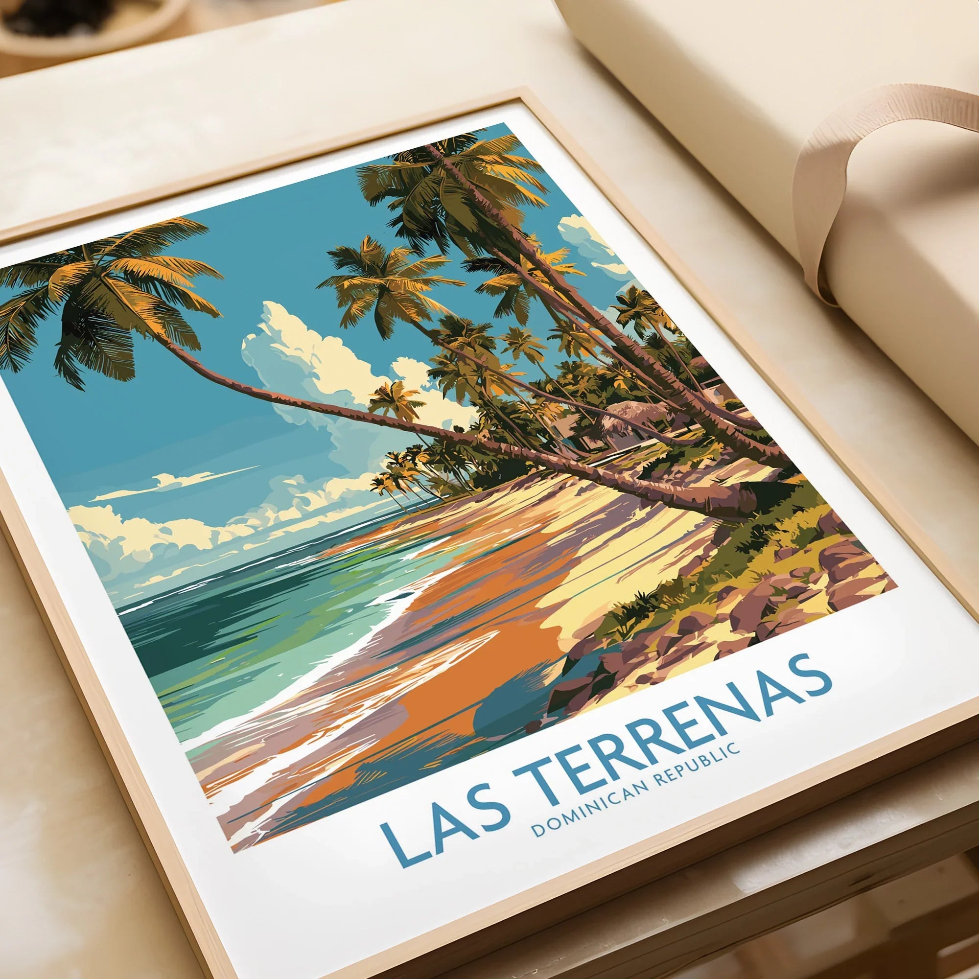 Las Terrenas Dominican Republic travel poster with palm trees, beach, and ocean, framed wall art