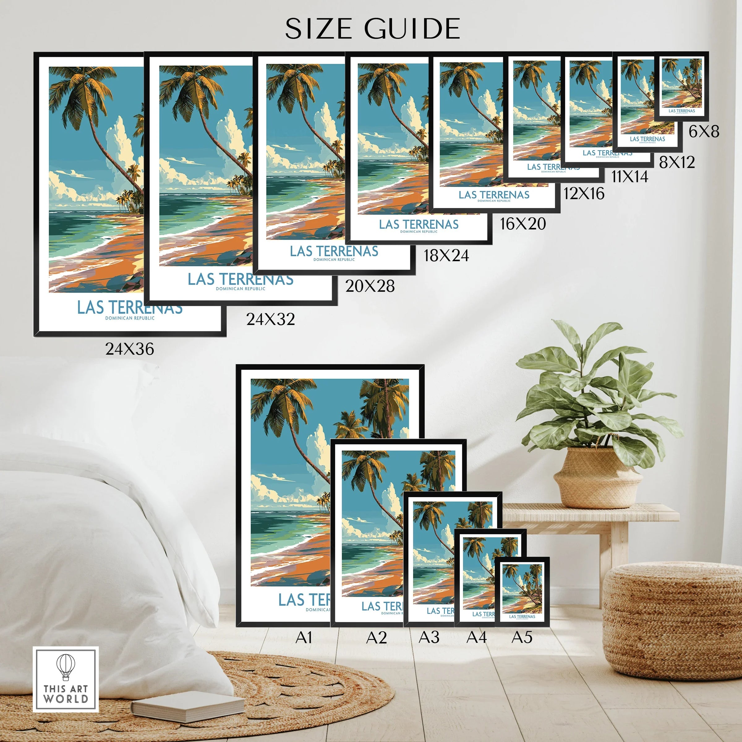 Las Terrenas travel poster size guide, tropical beach art for home decor, palm trees & ocean print