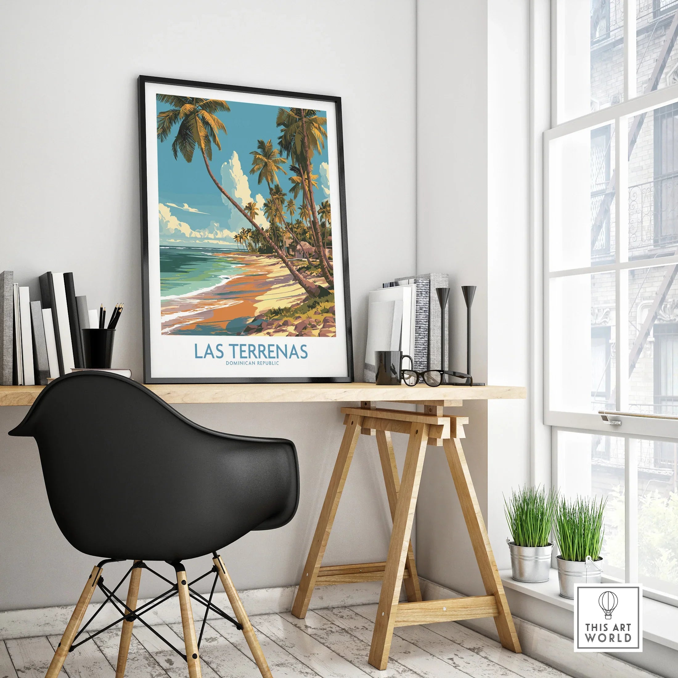 Las Terrenas travel poster with palm trees & beach, Dominican Republic wall art for home decor