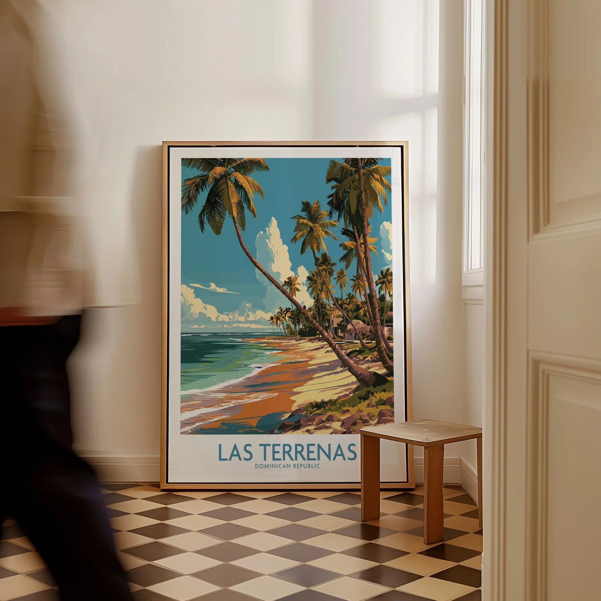 Las Terrenas travel poster with palm trees and beach, Dominican Republic wall art for home decor