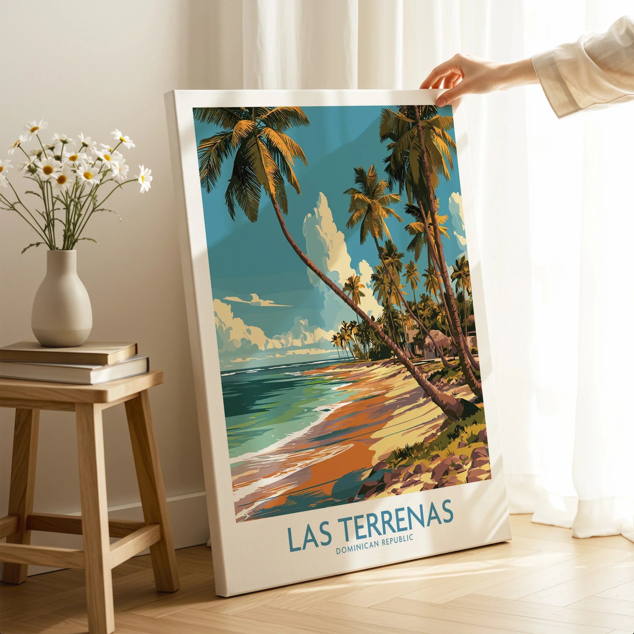 Las Terrenas Dominican Republic travel poster with palm trees, beach, and ocean, perfect for home wall art decor