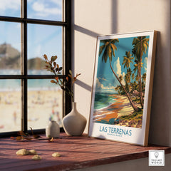 Las Terrenas travel poster with palm trees and beach, Dominican Republic wall art for home decor