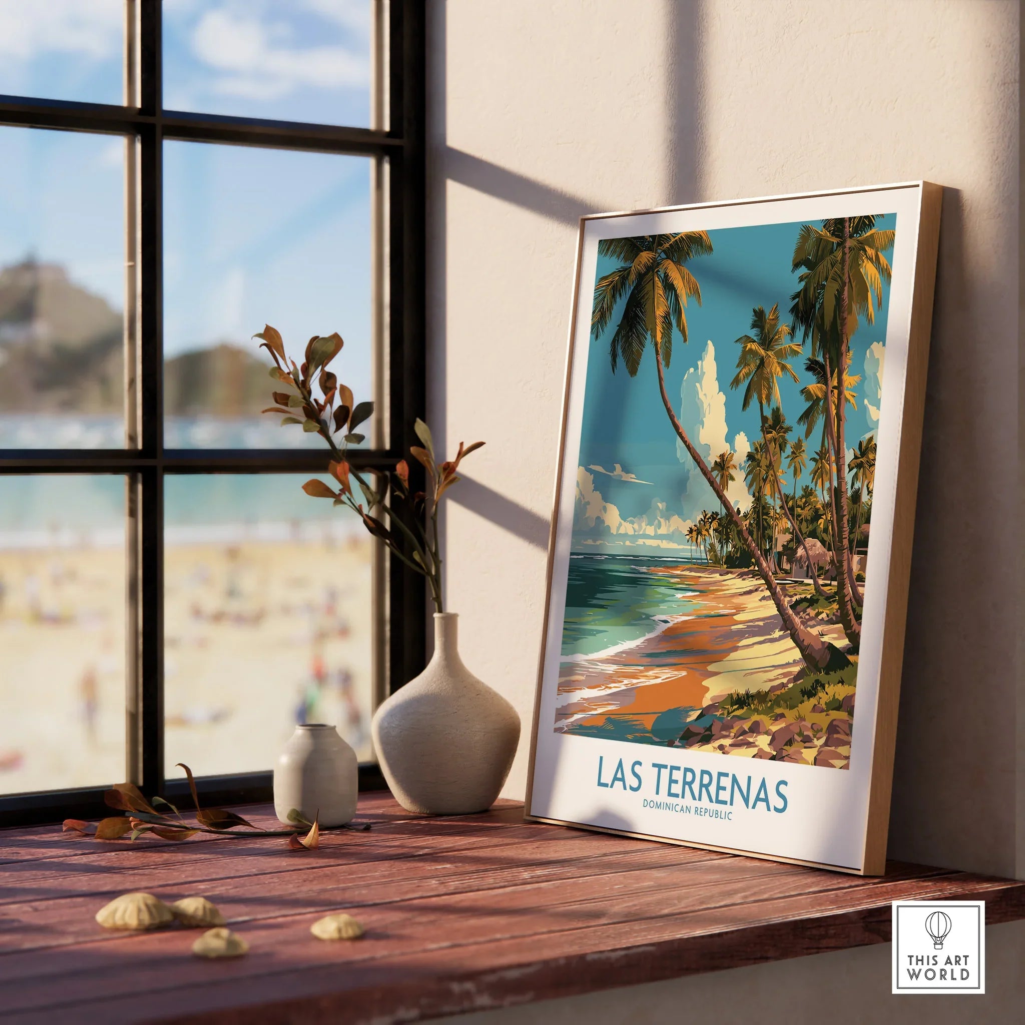 Las Terrenas travel poster with palm trees and beach, Dominican Republic wall art for home decor