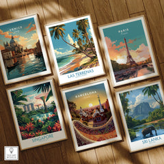 Framed travel posters of Venice, Paris, Barcelona, Singapore, Sri Lanka, and Las Terrenas for wall art decor