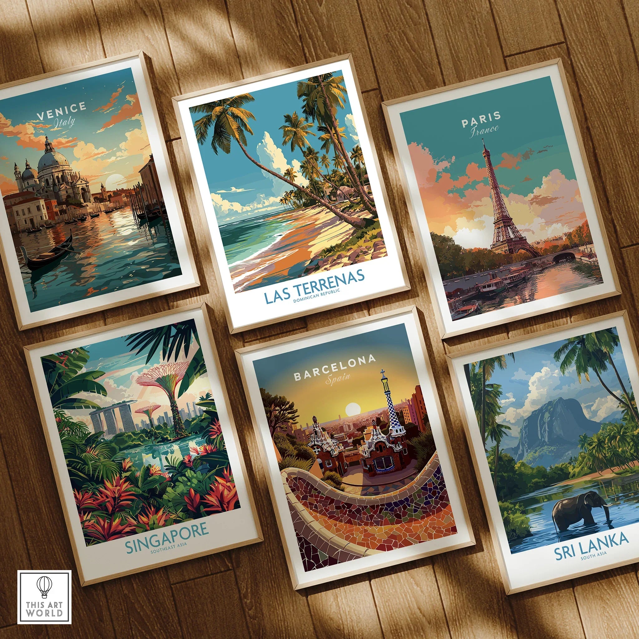 Framed travel posters of Venice, Paris, Barcelona, Singapore, Sri Lanka, and Las Terrenas for wall art decor