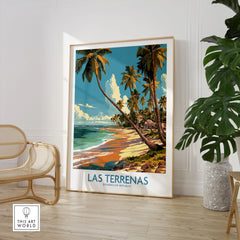 Las Terrenas beach travel poster with palm trees, ocean, and tropical scenery for home wall art decor