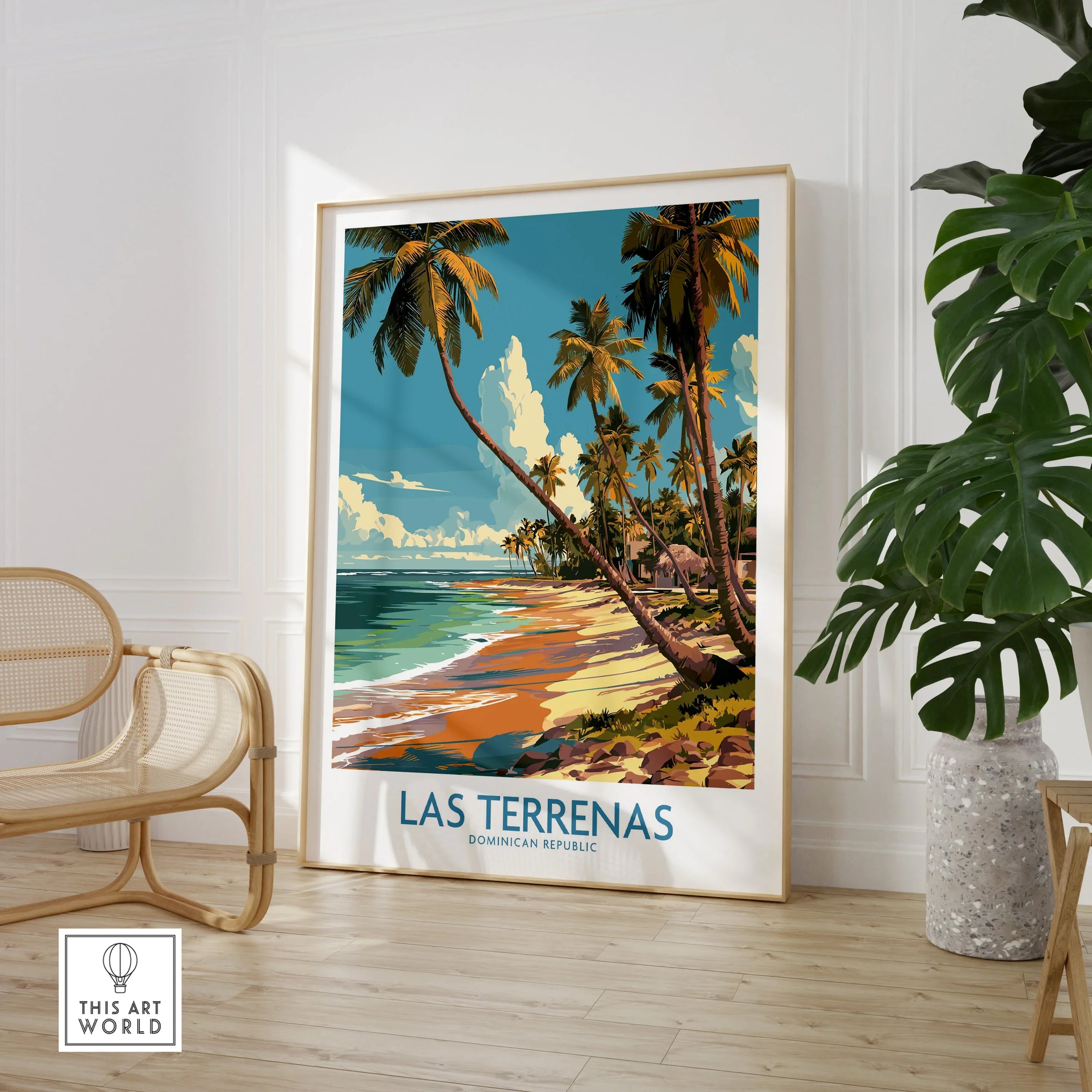 Las Terrenas beach travel poster with palm trees, ocean, and tropical scenery for home wall art decor
