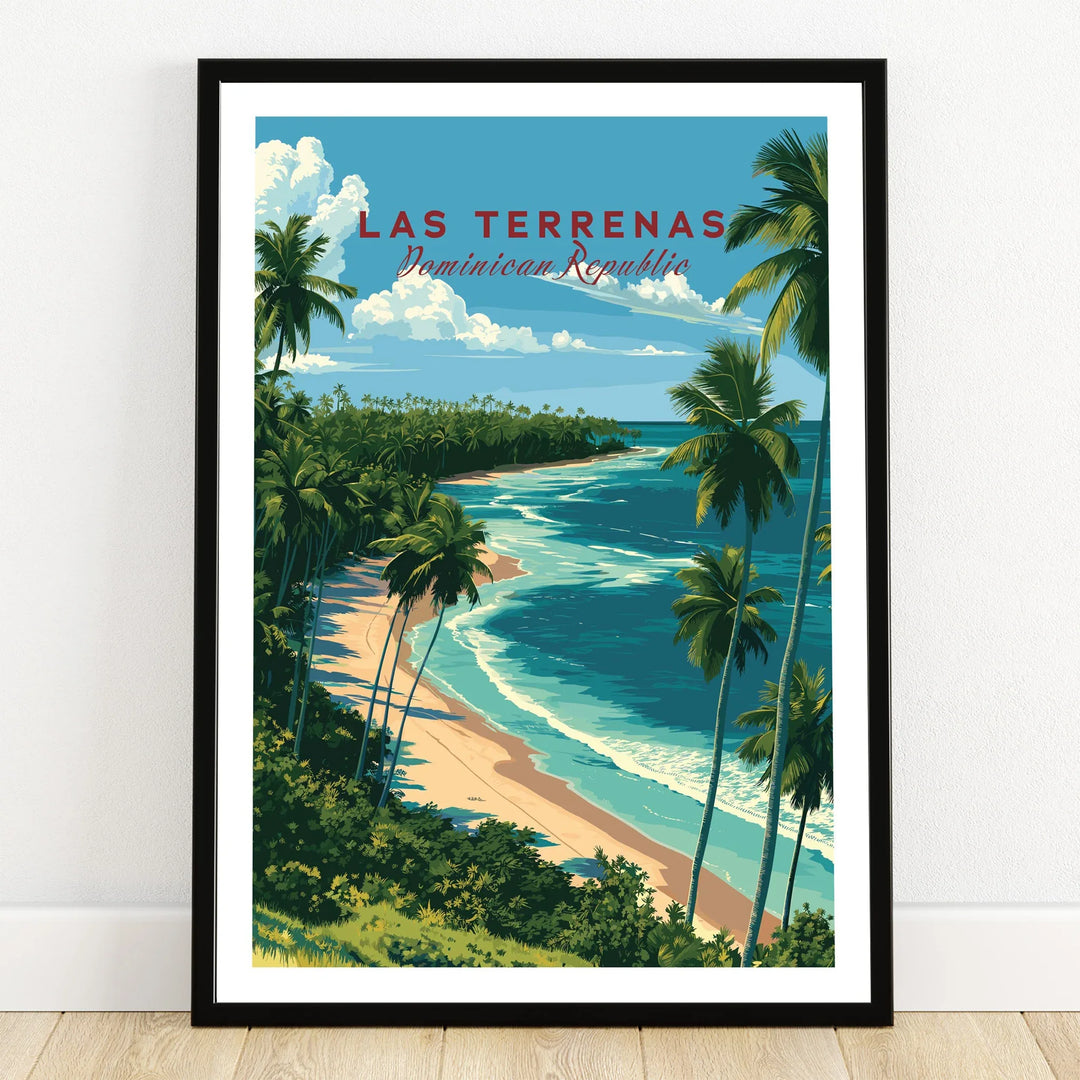 Las Terrenas Dominican Republic travel poster with palm trees, beach, and ocean, framed wall art