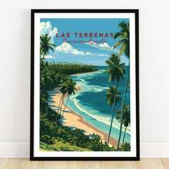 Las Terrenas Dominican Republic travel poster with palm trees, beach, and ocean, framed wall art