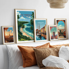 Travel posters of Paris, Las Terrenas, Copenhagen, Tokyo, Barcelona for home wall art decor