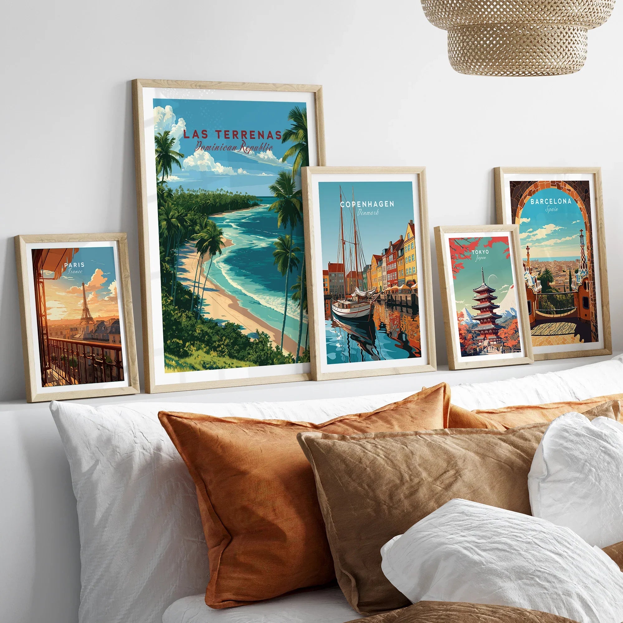 Travel posters of Paris, Las Terrenas, Copenhagen, Tokyo, Barcelona for home wall art decor