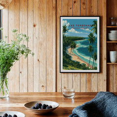 Las Terrenas Dominican Republic travel poster with palm trees, beach, and ocean, framed on wood wall