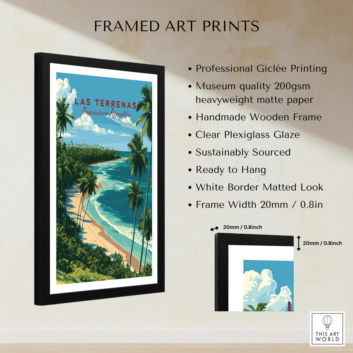 Framed Las Terrenas travel poster with palm trees, beach, and ocean, perfect for tropical wall art decor.