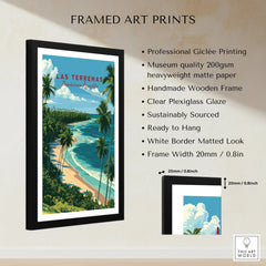 Framed Las Terrenas travel poster with palm trees, beach, and ocean, perfect for tropical wall art decor.