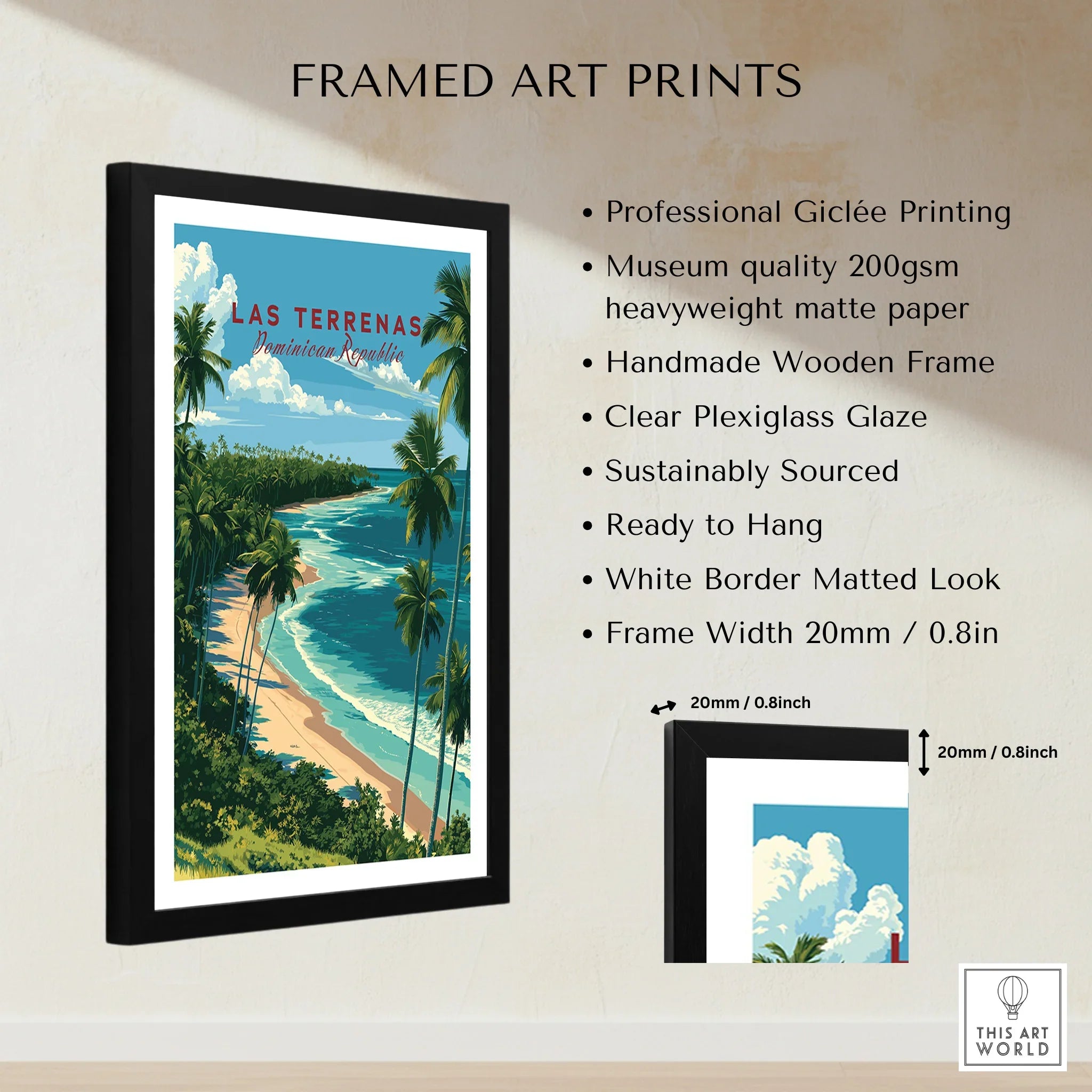 Framed Las Terrenas travel poster with palm trees, beach, and ocean, perfect for tropical wall art decor.