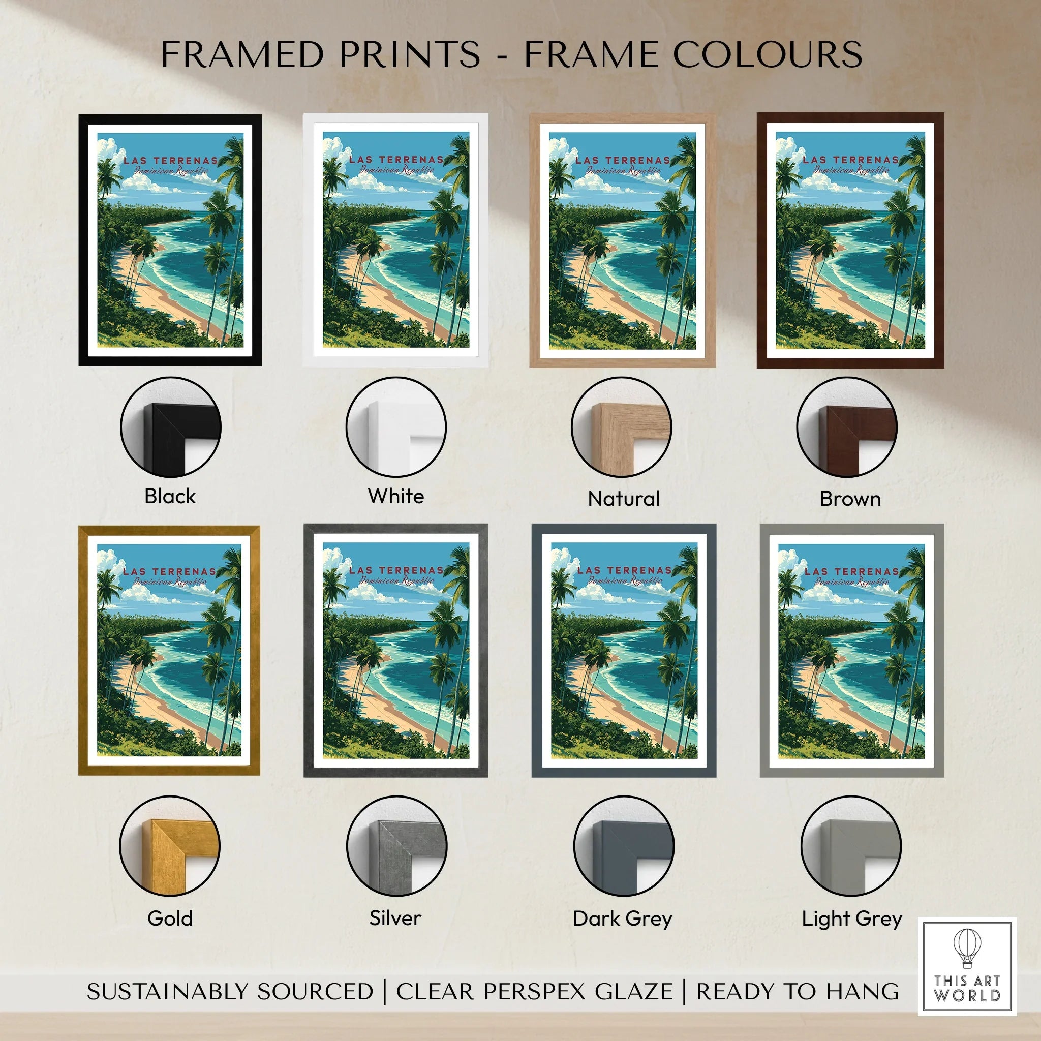 Las Terrenas travel poster in 8 frame colors: black, white, natural, brown, gold, silver, dark grey, light grey
