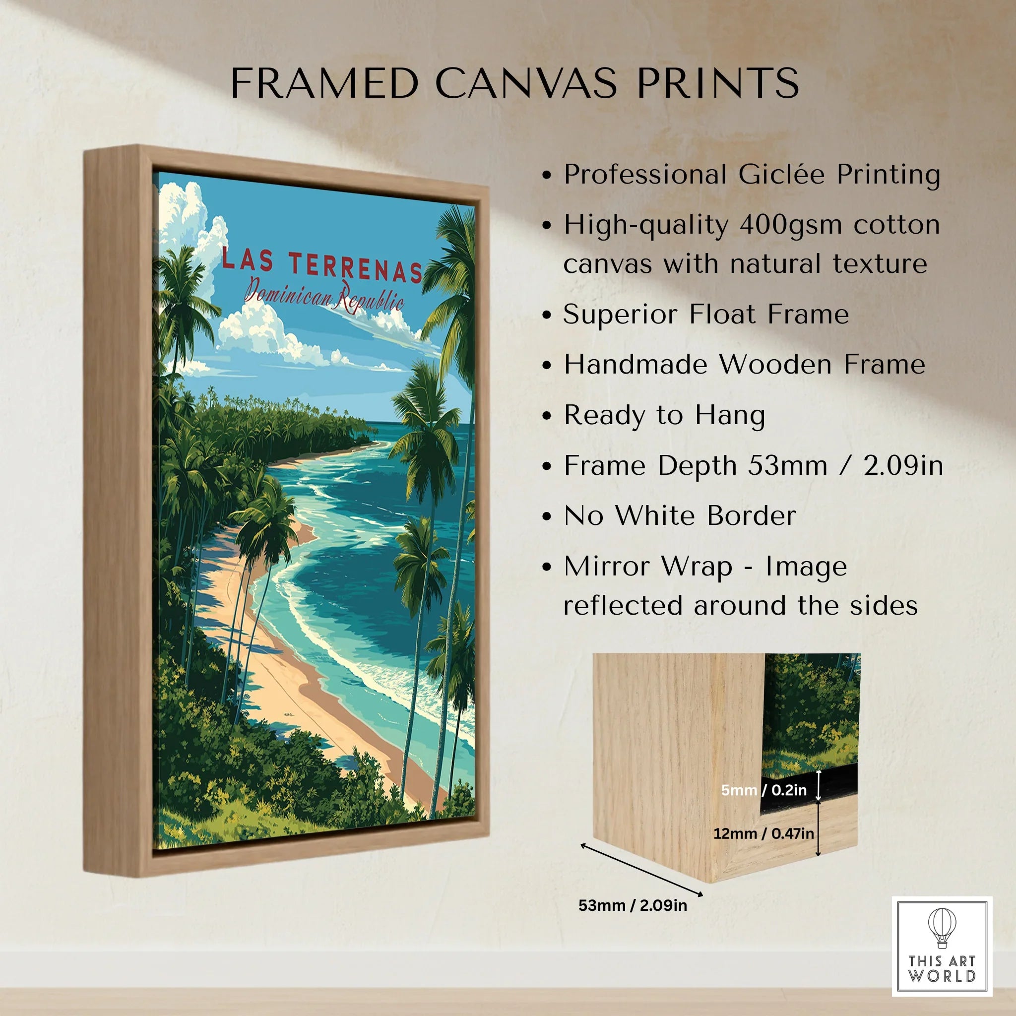 Las Terrenas Dominican Republic travel poster print in wooden frame, tropical beach wall art for home decor