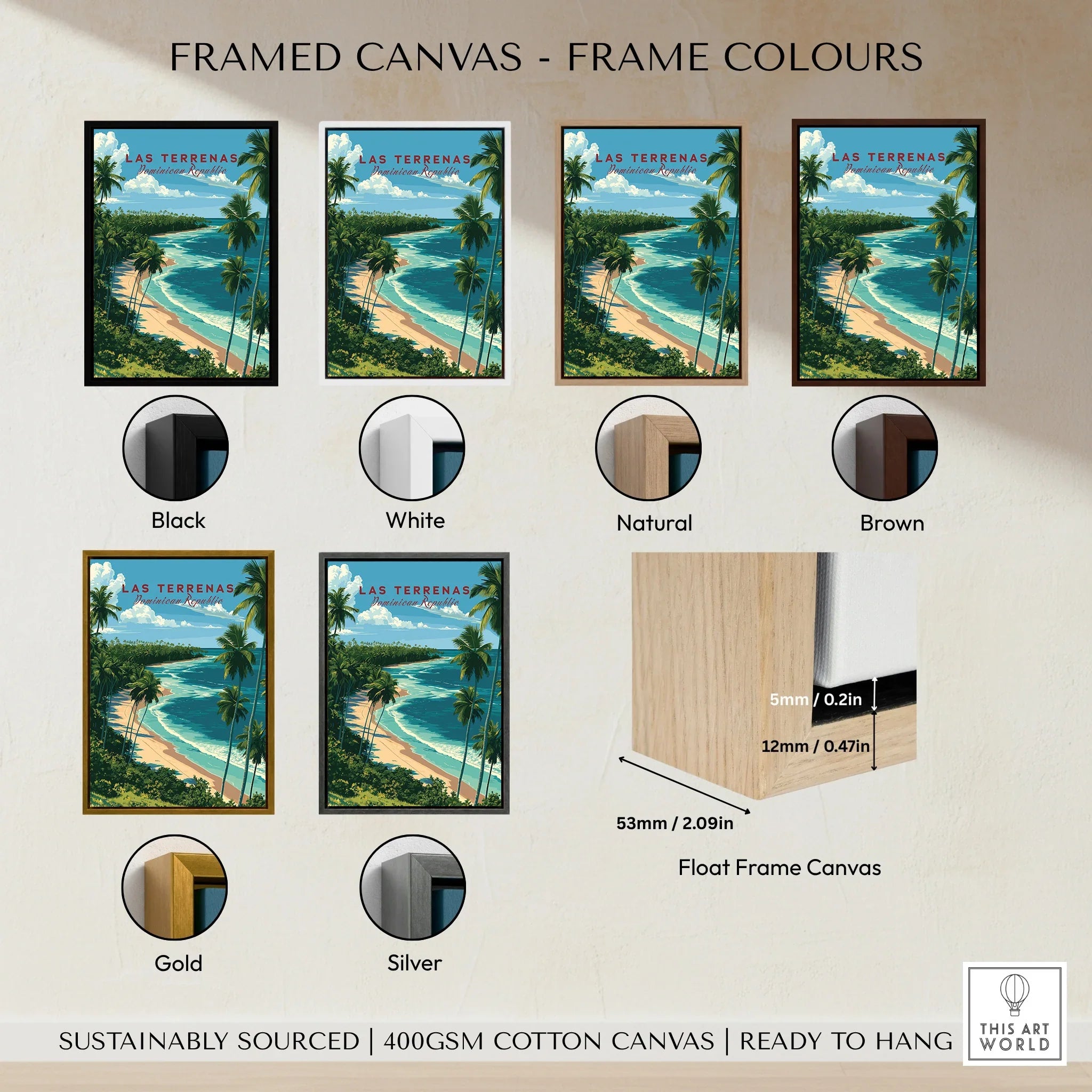 Las Terrenas travel poster in black, white, natural, brown, gold, and silver float frames, ready to hang
