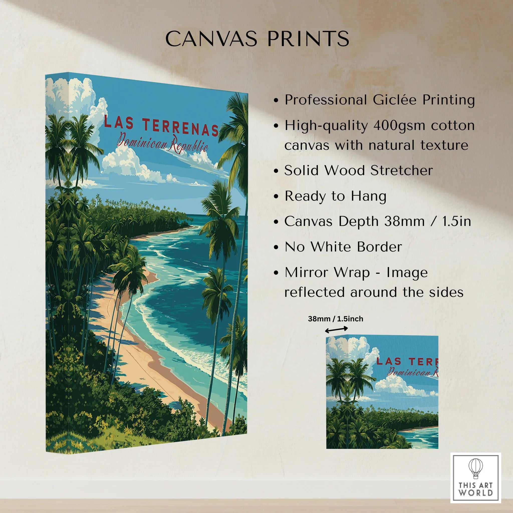 Las Terrenas Dominican Republic travel poster canvas print with palm trees, beach, and ocean view
