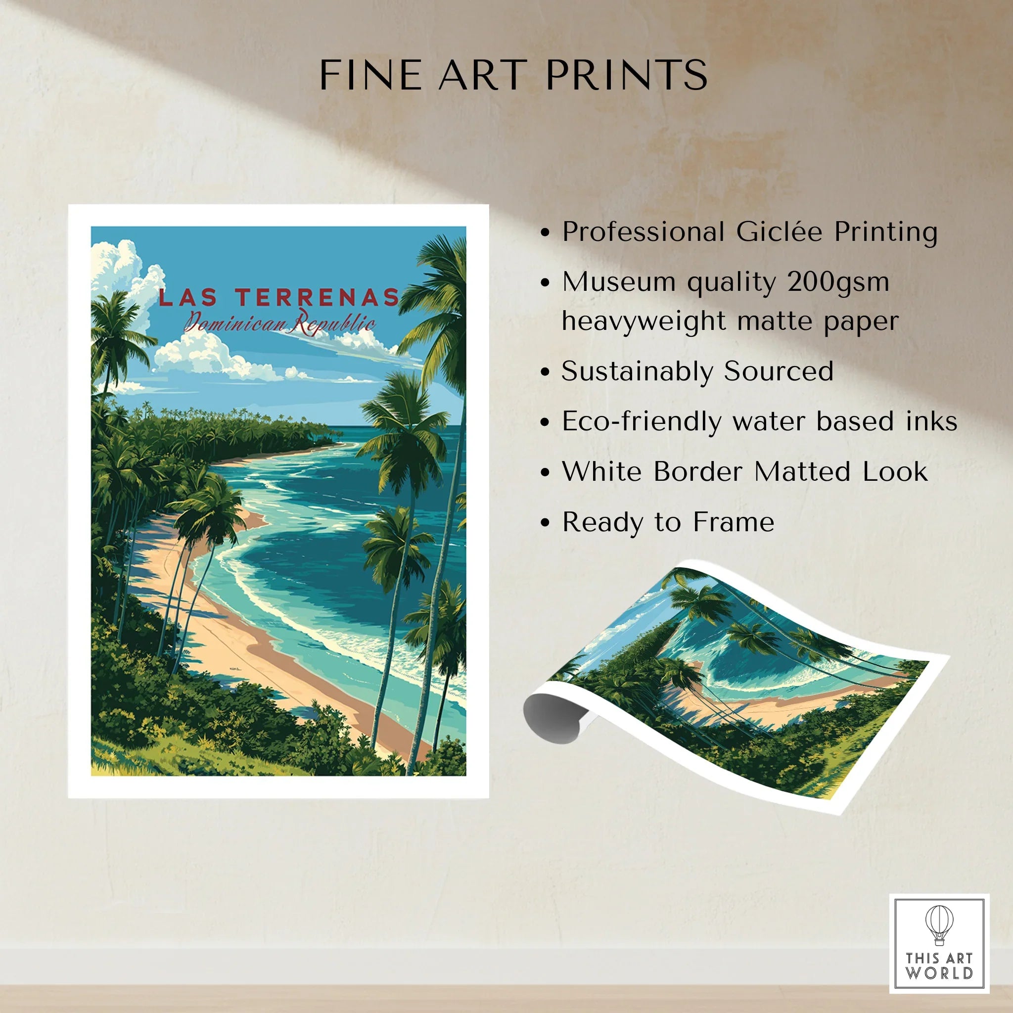Las Terrenas Dominican Republic travel poster print with palm trees, beach, and ocean, ready to frame