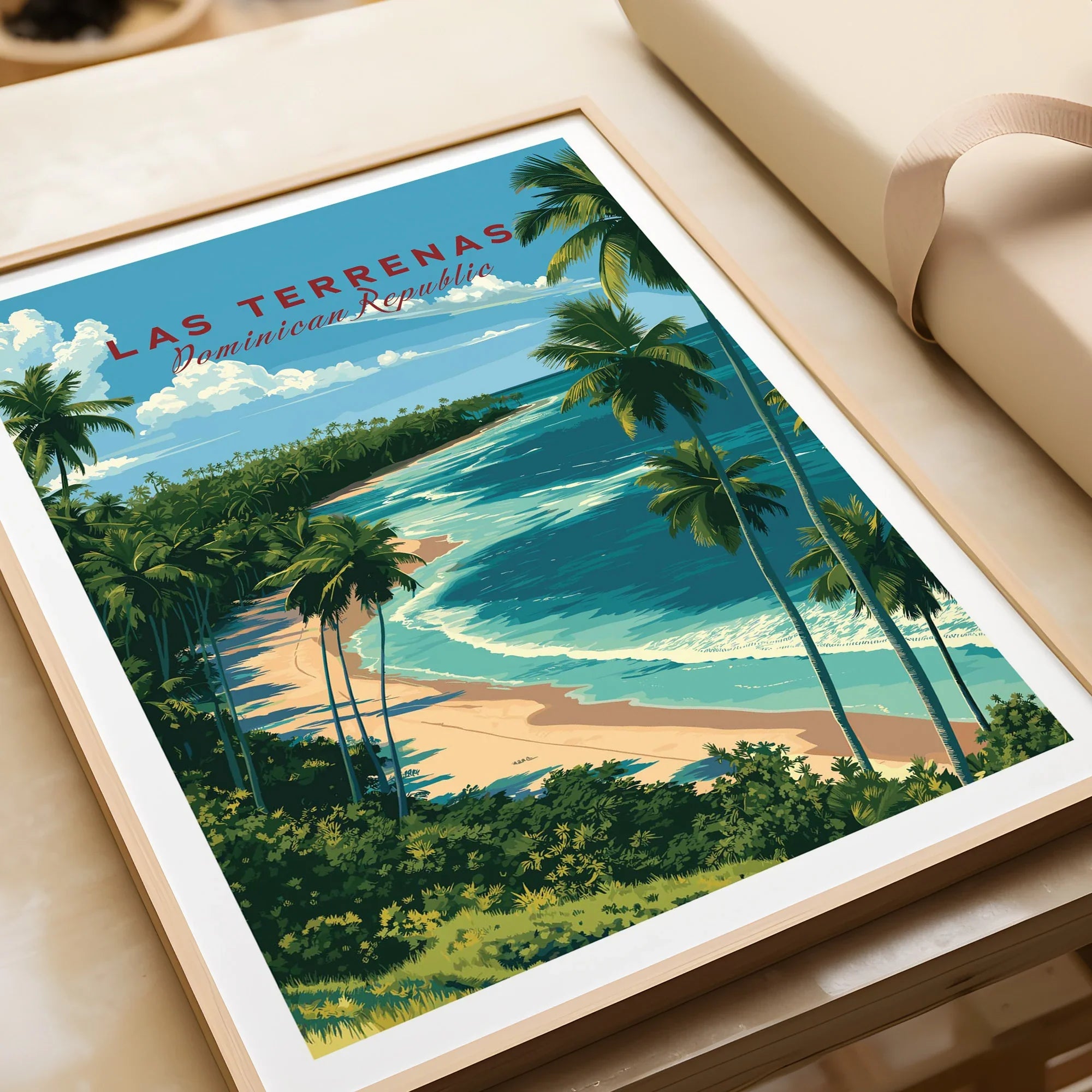 Las Terrenas Dominican Republic travel poster with palm trees, beach, and ocean, framed wall art