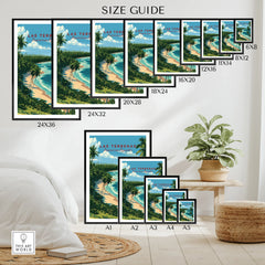 Las Terrenas travel poster size guide, tropical beach art for home decor in multiple frame sizes