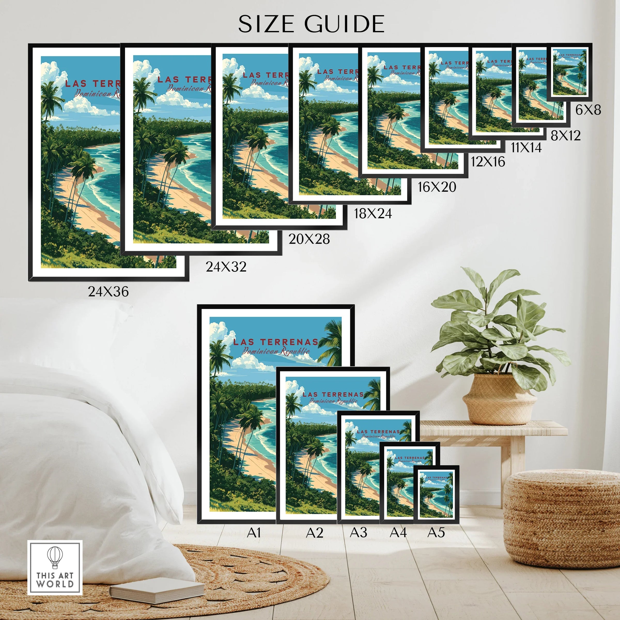 Las Terrenas travel poster size guide, tropical beach art for home decor in multiple frame sizes