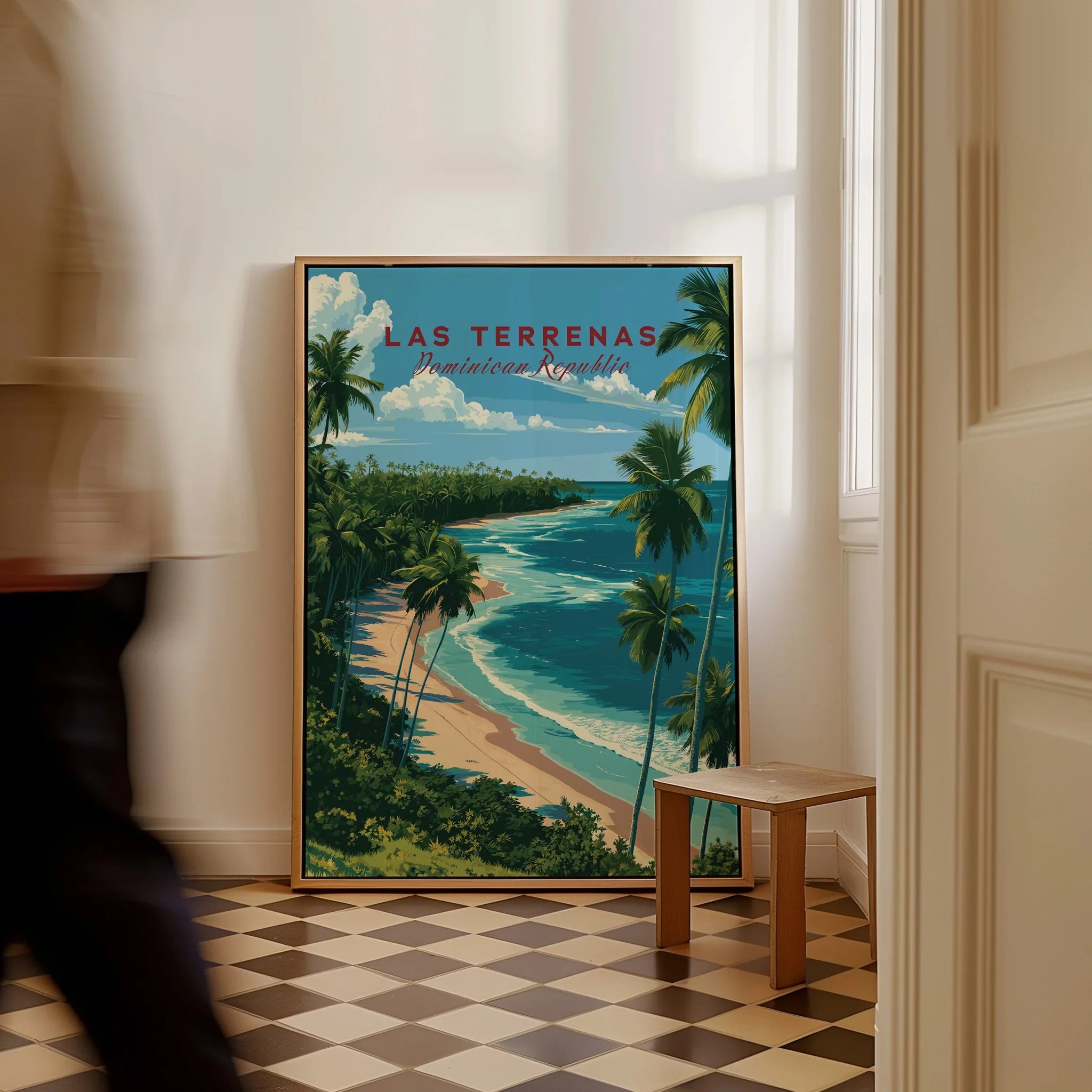 Las Terrenas Dominican Republic travel poster with palm trees, beach, and ocean, framed wall art for home decor