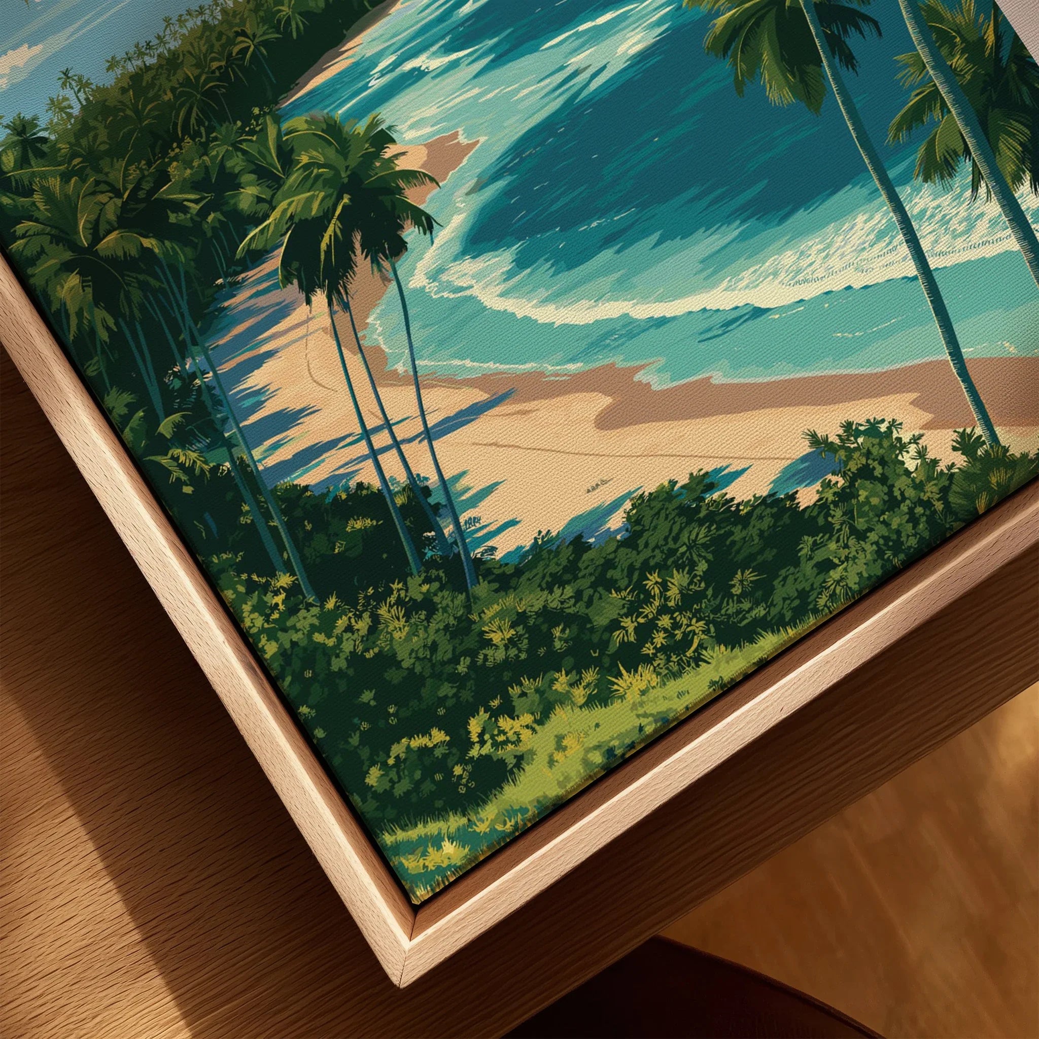 Tropical beach wall art with palm trees, turquoise waves, and sandy shore in wooden frame for home decor