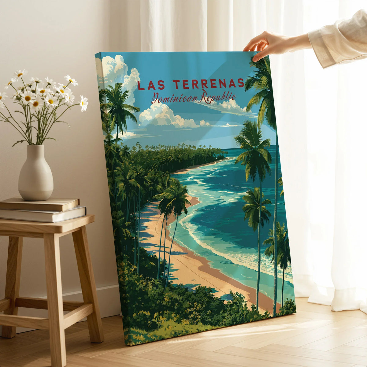 Las Terrenas Dominican Republic travel poster with palm trees, beach, and ocean, ideal for home wall art decor