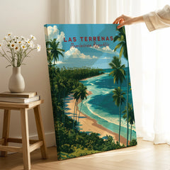 Las Terrenas Dominican Republic travel poster with palm trees, beach, and ocean, ideal for home wall art decor